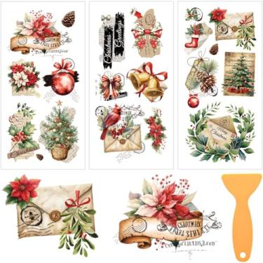Imagem de BEUNITONE Adesivo de transferência vintage de 3 folhas de Natal para móveis e artesanato, adesivo de transferência floral retrô de pinha para madeira, vidro, couro, 29 x 15 cm, decalques decorativos