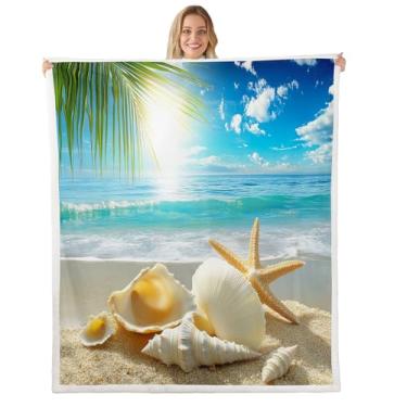 Imagem de Erosebridal Cobertor temático de praia, oceano azul, cobertor para acampamento, viagem, concha do mar, estampa de lã, cobertor de lã de ovelha costeira para crianças, adolescentes e adultos, macio
