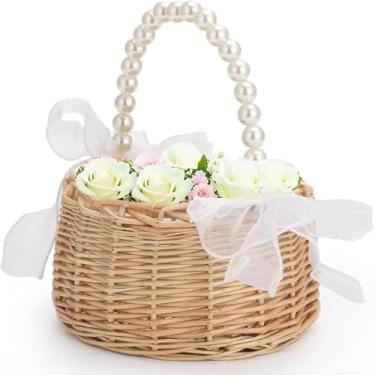 Imagem de Cestas de flores de salgueiro, meninas de casamento com tratamento de pérolas e laços de cetim, cestas de casamento boêmias chiques decoram jardins, piqueniques, festas, praias, casamentos e festivais