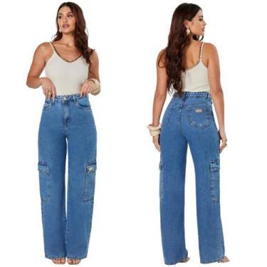 Imagem de CAlça Wide Leg Jeans Feminina Tendencia Cargo Cintura Alta Bolsos Late