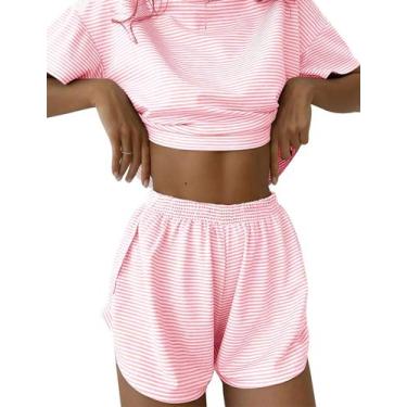 Imagem de Conjunto de pijama Kistore, pijamas curtos listrados, rosa e branco