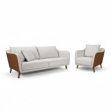Imagem de Conjunto Sofá Living Hórus e Poltrona Tecido Composê Linho Cru e Marro