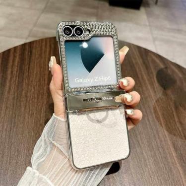 Imagem de Capa com suporte de anel de dedo com diamante brilhante para Samsung Galaxy Z Flip 6 Flip5, capa de couro luxuosa com dobradiça, bege, para Samsung Z Flip 5