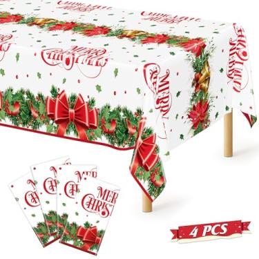 Imagem de QZYL Pacote com 4 toalhas de mesa de Natal, decorações de Natal de 137 x 274 cm, design de laço de poinsétia, toalha de mesa descartável de Natal, decoração de festa de Natal