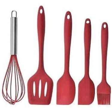 Imagem de Kit 5 Utensílios de Cozinha em Silicone com Fuê Espátulas Pincel Colher e Batedor Resistente ao Calor (Vermelho)