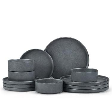 Imagem de E-far Conjuntos de louça de grés para 4, conjuntos de pratos e tigelas de esmalte reativo de 12 peças, utensílios de cozinha de cerâmica, seguros para micro-ondas e lava-louças, cinza escuro