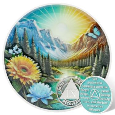 Imagem de Leafence Moeda AA Sobriedade Serenidade Oração Recuperação Chip Montanha e Natureza Design Medalhão AA Inspirador Sobriedade Token para Marcos de Recuperação (Daylight Mountain Sunrise, 9 Anos)