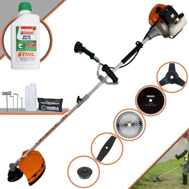 Imagem de Roçadeira Aparador de Grama Lateral Terra GRHB-430 Bipartida À Gasolina 2T 43cc 1,7HP Robusta Com Carretel + Kit 4 Lâminas de Corte + ÓLEO STIHL 2T