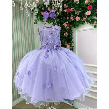 Imagem de Vestido Infantil Daminha Regata Flores Lilás e Off com Laço - Fabuloso