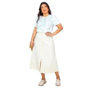Imagem de Saia Midi Feminina Plus Size com Cinto Fenda Frontal Botões em Linho com Elastano Elegante Casual-Feminino