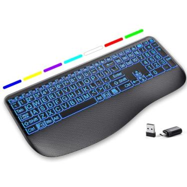 Imagem de Teclado sem fio retroiluminado com impressão grande – teclados silenciosos com descanso de pulso, iluminação de 7 cores, teclas silenciosas de perfil baixo, teclado de tamanho completo recarregável