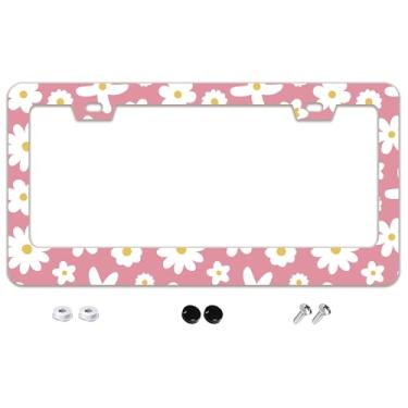 Imagem de Linda moldura de placa de carro de margarida rosa floral de aço inoxidável acessórios para carro decoração com parafusos moldura de placa de carro 2 furos 16 cm x 31 cm para presente feminino e