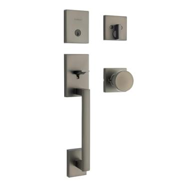 Imagem de Kwikset Conjunto de maçaneta e fechadura da porta da frente San Clemente, maçaneta de entrada externa com maçaneta de porta interna, bronze metálico, resistente a picaretas SmartKey Rekey Deadbolt