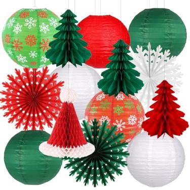 Imagem de Decorações de festa de Natal, lanternas de papel, favo de mel, chapéu de papai noel, árvore, leques de papel para festa de aniversário, ano novo, decoração de parede para casa