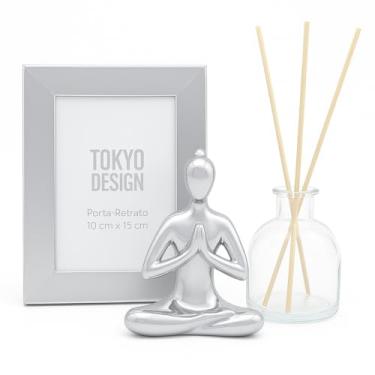 Imagem de Kit Decorativo com Estátua, Porta-Retrato Espelhado 10x15 e Difusor de Vidro com Varetas – Decoração Moderna para Sala, Quarto, Lavabo ou Escritório