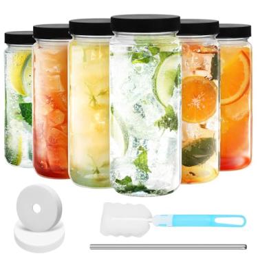 Imagem de Jarsoph 6 garrafas de suco de vidro de 510 g com tampa, recipientes de bebida transparentes para garrafa de água com tampas, pote de vidro alto reutilizável para beber, smoothie e outras bebidas
