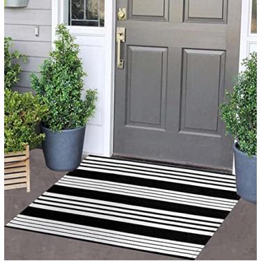 Imagem de Tapete externo listrado preto e branco 60 cm x 90 cm Tapete de porta externo lavável à máquina Tapetes de boas-vindas Tapete de entrada de algodão tecido à mão para varanda/entrada/lavanderia/banheiro/quarto