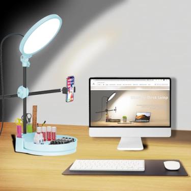 Imagem de Kit de luz de selfie para mesa e laptop, anel de luz regulável de 55 W, com caixa de armazenamento giratória, suporte de caneta, suporte de telefone e controle (azul gelo, 10,5)