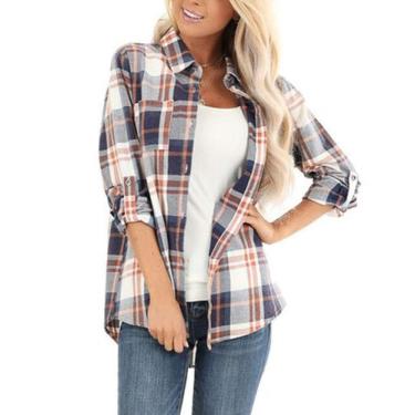 Imagem de Blusa feminina NUOREEL, casual, xadrez, macia, manga comprida, azul ma