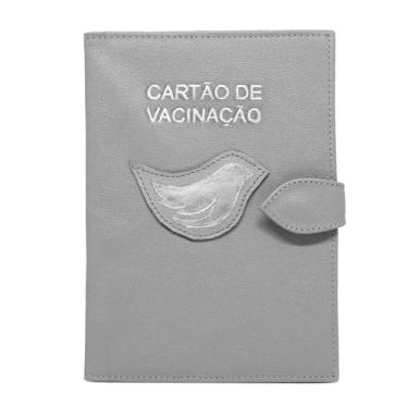 Imagem de Porta Cartão de Vacinação em Couro, Capa Protetora com Detalhe de Pássaro Dourado para Bebês (Cinza)
