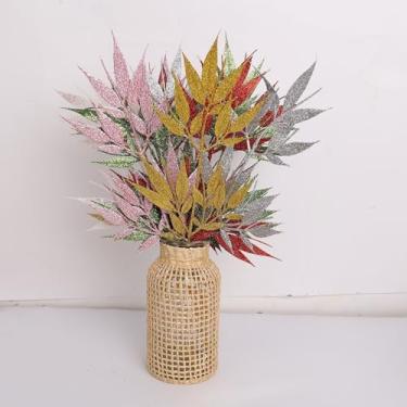 Imagem de Conjunto de 6 cores/conjunto de folhas de glitter de Natal, folhas de bambu artificial, faça você mesmo, guirlanda de Natal, buquês, centro de mesa, decoração de 36 cm