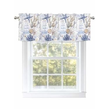 Imagem de Cortinas náuticas litorâneas azuis para janelas concha estrela do mar concha coral para janelas de sala de estar/banheiro, cortina de café com bolso de haste. 1 painel, 137 cm × 45 cm, branco