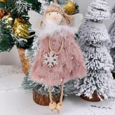 Imagem de 1 enfeite de gota de árvore de Natal pingente de asa de pelúcia curto veludo anjo fada doméstica decoração de prateleira, 16 x 10 x 3 cm (rosa)