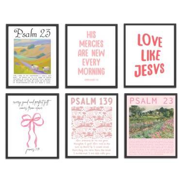 Imagem de Pôster de 6 peças de arte de parede cristã rosa versículo bíblico, decoração de parede floral, imagens religiosas, impressões de quarto de meninas, pôster de escritura, conjunto de arco, arte moderna