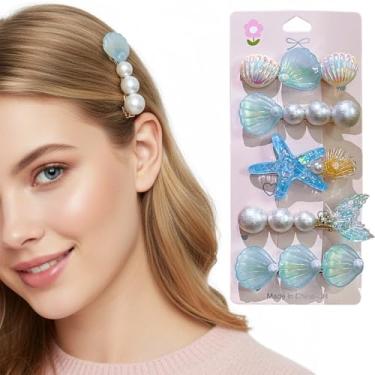 Imagem de 5 peças femininas simples coração fresco. Concha. Imitação de pérola/cauda de sereia do oceano presilhas laterais adequadas para uso diário, férias na praia, presente diário