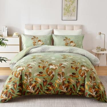 Imagem de DJY Conjunto de edredom King, com folhas botânicas, marrom verde, 3 peças, reversível, floral, marrom, microfibra macia, conjunto de edredom para todas as estações (264 x 228 cm)