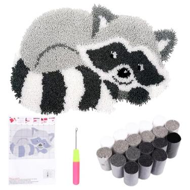 Imagem de Kit de tapete de gancho de trinco bordado faça você mesmo tapete de crochê feito à mão para iniciantes, kit de gancho de trinco padrão de guaxinim, kits de fabricação de tapetes de desenho animado