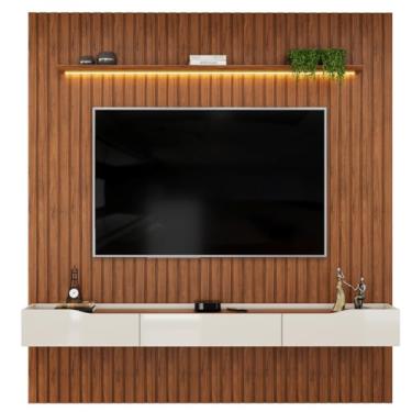 Imagem de Painel Para Tv Até 65 Polegadas 2,23m Ripado Autêntico Com Led Montreal Com Nicho Efraín Madeirado/Off White