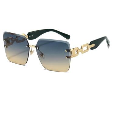 Imagem de HCPIHF Óculos de sol sem armação com corrente retrô UV400, óculos de sol gradiente para mulheres e homens, estilo punk moderno (dourado, azul e marrom)