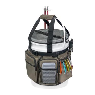 Imagem de WTVIDAS Organizador de balde de pesca com capa de balde, bolsa de equipamento de pesca no gelo com suporte para vara e alicate, vários bolsos para armazenamento de acessórios de pesca e barco de 14