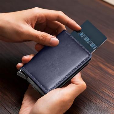 Imagem de Carteira fina - Porta-cartões minimalista, carteiras com bloqueio de RFID, carteiras de cartão de crédito pop-up para homens e mulheres, escritório de viagem, Azul, Portátil