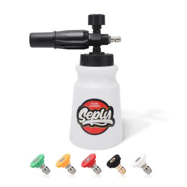 Imagem de SEPLY Canhão de espuma para lavadora de pressão com 5 pontas de bico de pulverização, lançador de espuma de neve de conexão rápida de 1/4 polegada, lança de espuma ajustável, garrafa de sabão para