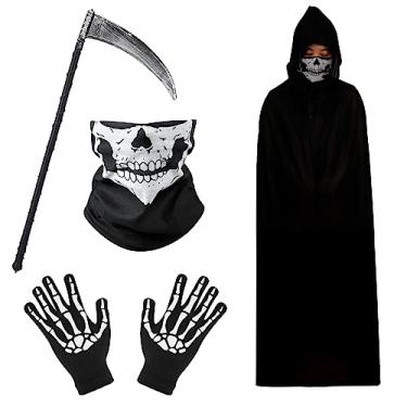 Imagem de LUTER Fantasia de Ceifador de Halloween, Fantasia de Ceifador com Máscara de Esqueleto, Luvas e Capa de Ceifador de Foice com Capuz Decoração Adulto para Cosplay e Festas de Halloween (Preto)