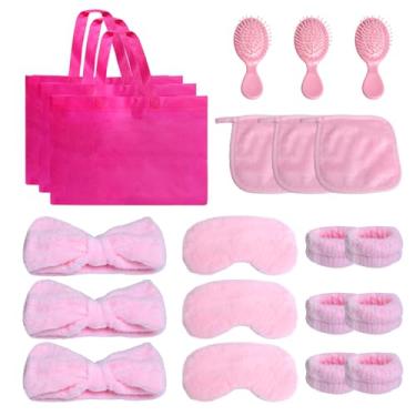 Imagem de 18 peças de artigos de festa do pijama para meninas, máscara para os olhos do pijama, faixa de cabeça de spa, bolsa de cabelo Scrunchie, suprimentos de festa do pijama para mulheres, panos de lavagem