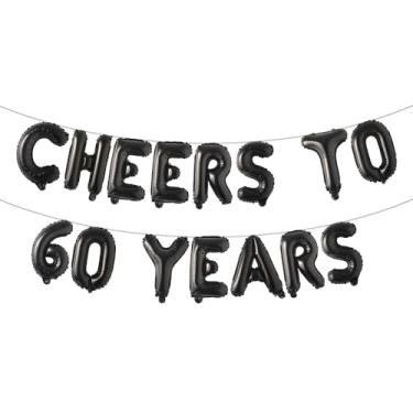 Imagem de Cheers to 60 Years Banner Foil 60º aniversário balão decorações de festa para ele/ela 60 anos decorações de aniversário suprimentos de festa de casamento para homens/mulheres (CHEERS TO 60 ANOS Preto)