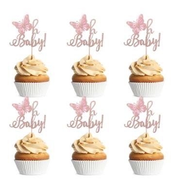 Imagem de Zpilkes 24 peças de topo de cupcake de borboleta Oh Baby Glitter Butterfly para chá de bebê decoração para festa de aniversário infantil suprimentos de chá de bebê