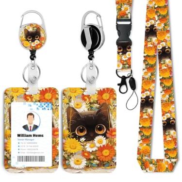 Imagem de Porta-crachá de identificação de gato escondido em flores com cordão separável e carretel retrátil resistente - chaveiro mosquetão giratório de 360° para mulheres, estudantes, professores, enfermeiros