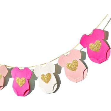 Imagem de Papel rosa para chá de bebê manga curta Onesie varal revelação de gênero faixa de aniversário roupas de bebê papel 9 peças Onesie Banner