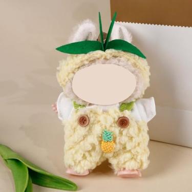 Imagem de Compatível com Labubu (sem boneca) – Conjunto de pelúcia de abacaxi cremoso (faixa de cabeça de folha + top branco + macacão de abacaxi), roupa de boneca de 15 cm/17 cm (amarelo)