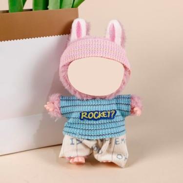 Imagem de Compatível com Labubu (sem boneca) - chapéu de malha rosa + foguete listrado azul? Top + conjunto de shorts estampados bege, roupa para bonecas de pelúcia de 15 cm/17 cm (conjunto rosa e azul)