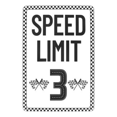 Imagem de Placa de Limite Velocidade 3, 30x20cm Arte de Parede Vintage em Metal Festa Aniversário com Tema Carros Corrida Bandeiras Quadriculadas Ideal para Quarto Meninos Espaço Masculino e Adolescentes
