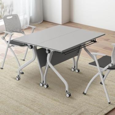 Imagem de Mesa de conferência, dobrável, para sala de conferências, branca, moderna, móvel, mesa de treinamento com rodas, mesas de reunião de seminário dobráveis para escritório, sala de aula (2 peças, 160 cm)