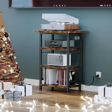 Imagem de Homeiju Suporte de mídia AV de 4 níveis com tomada elétrica, suporte para toca-discos de madeira, centro de entretenimento com prateleiras de armazenamento, suporte estéreo de DVD para quarto, sala de