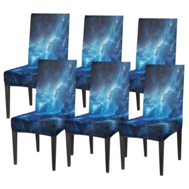 Imagem de hongjinglin Conjunto de 6 capas elásticas para cadeira de sala de jantar, capa protetora de assento de cadeira, azul galáxia, espaço removível, lavável, para cozinha, casa, hotel, banquete, festa de