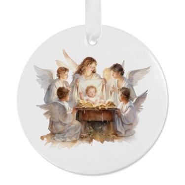 Imagem de SWITHOM Enfeite de Natal de presépio religioso, cerâmica branca, design frente e verso de 8 cm, estilo moderno, decoração para pendurar em ambientes internos com fita