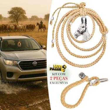 Imagem de Chaveiro Country Capiau + Penduricalho Laço Couro Bege Medalhão Jument